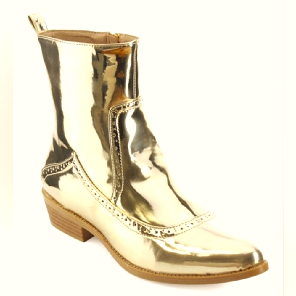 M&L Tulip-6 Patent/Mirror Metallic Point Toe Oxford Ankle Booties NWOT